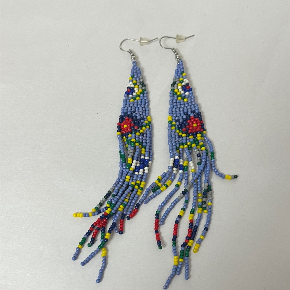 Colorful Beaded Fringe Earrings Unmarked